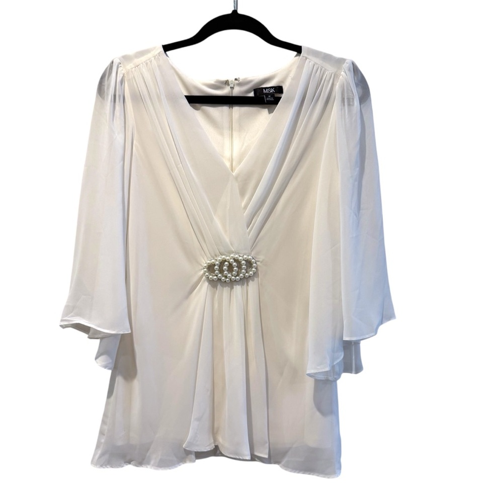 MSK Evening Off White Top Beaded V‎ Neck Chiffon Layered Flared Sleeves Medium
